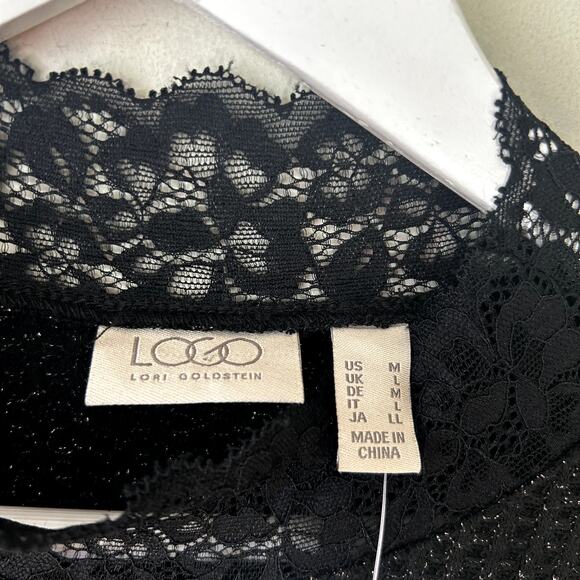 LOGO Lori Goldstein Blouse Size M NWT Waffle Knit Blouse Sparkle Lace Metallic - Picture 4 of 7